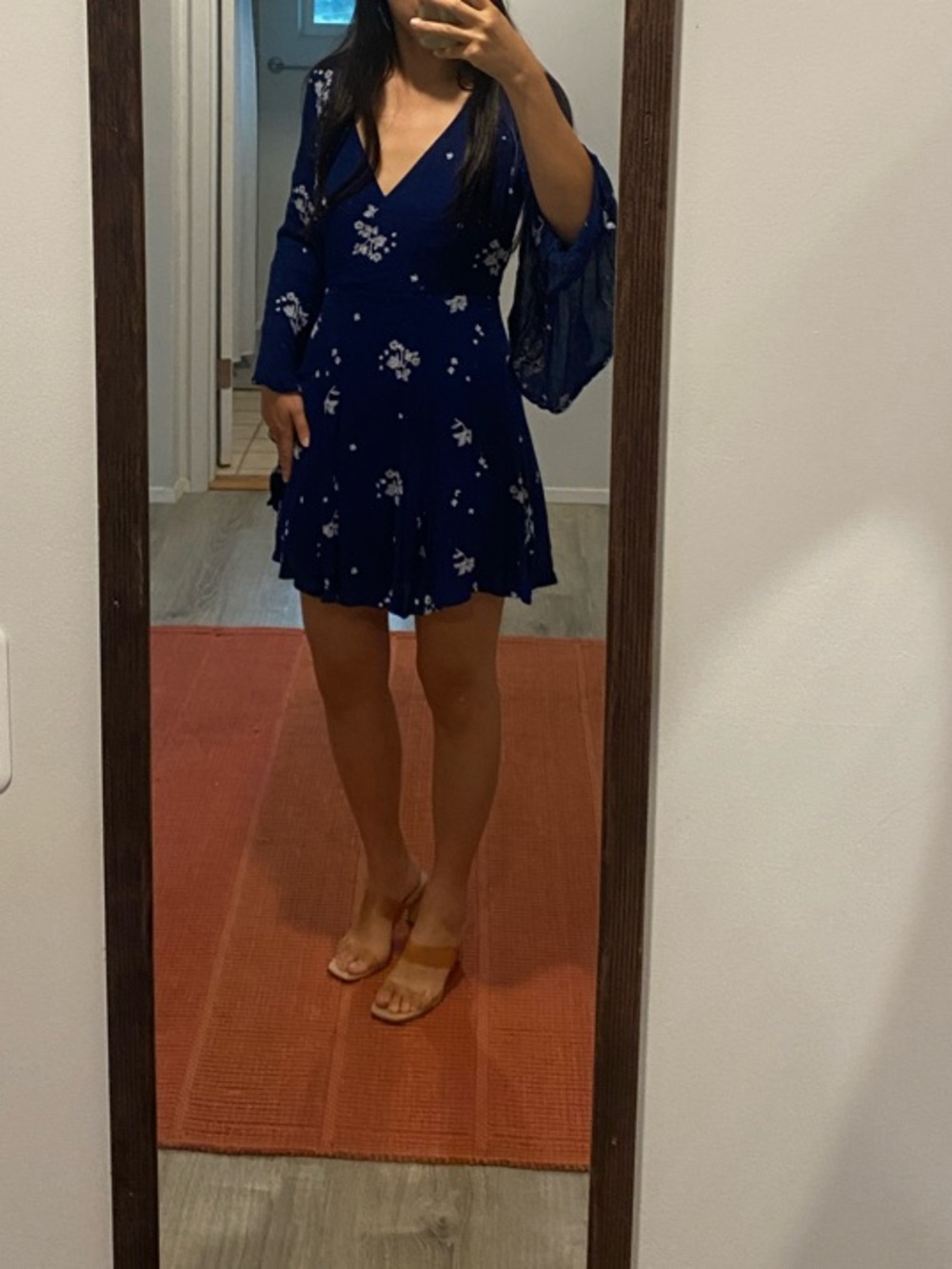Free People Navy Blue Floral V-Neck Dress